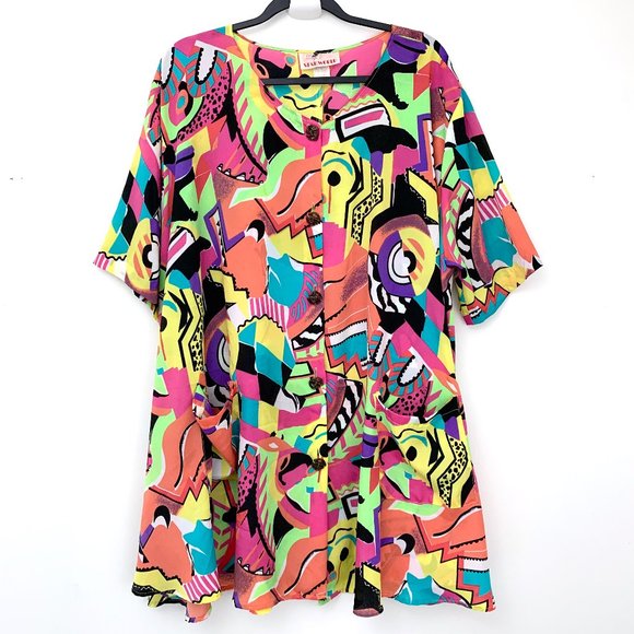 Vintage Dresses & Skirts - Vintage 90s Abstract Print Chiffon T Shirt Dress